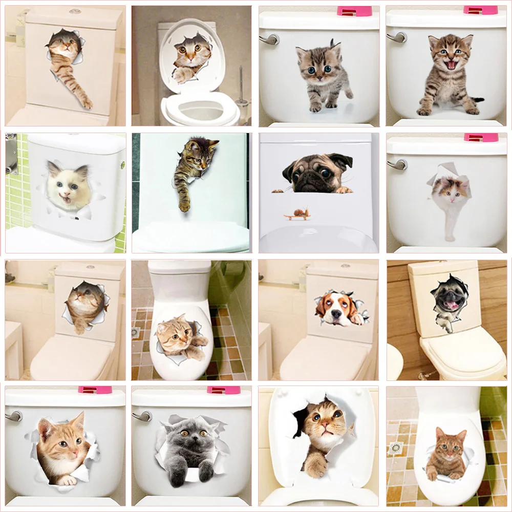 Cute Kitten Toilet Stickers Pvc Wall Decals 3d Hole Cartoon Cat Animals Mural Art Home Decoration Refrigerator Posters