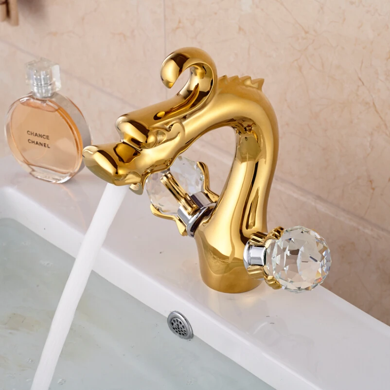 

Luxury Dual Cristal Handles Bathroom Basin Vanity Sink Faucet Dragon Shape Mixer Faucet Tap Golden Color