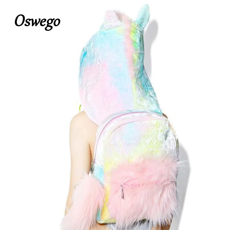 

Oswego Unicornio Animal Backpacks Cute Cartoon Girl Colorful Faux Fur Shouler Bags Cool Design None Removable Hat for School Bag