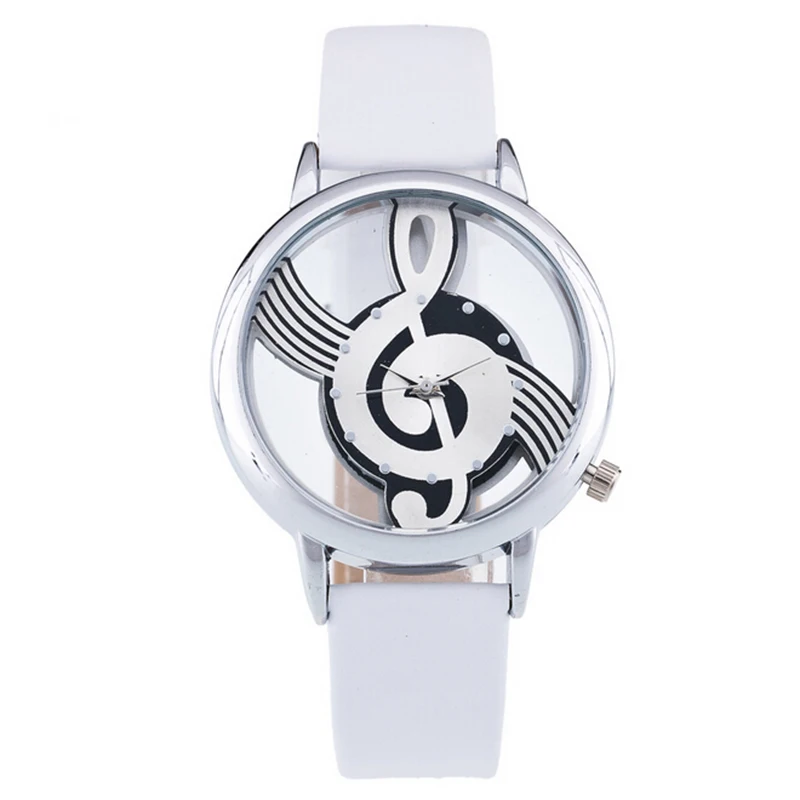 Shellhard Fashion PU Band Stainless Steel Analog Quartz Casual Watch Notation Hollow Music Men Women Wrist Watch Montre Femme