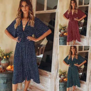 

Women Lady V-neck Summer Boho Party Beach Dress Sundress Short Sleeve Flower Casual Loose Clothing