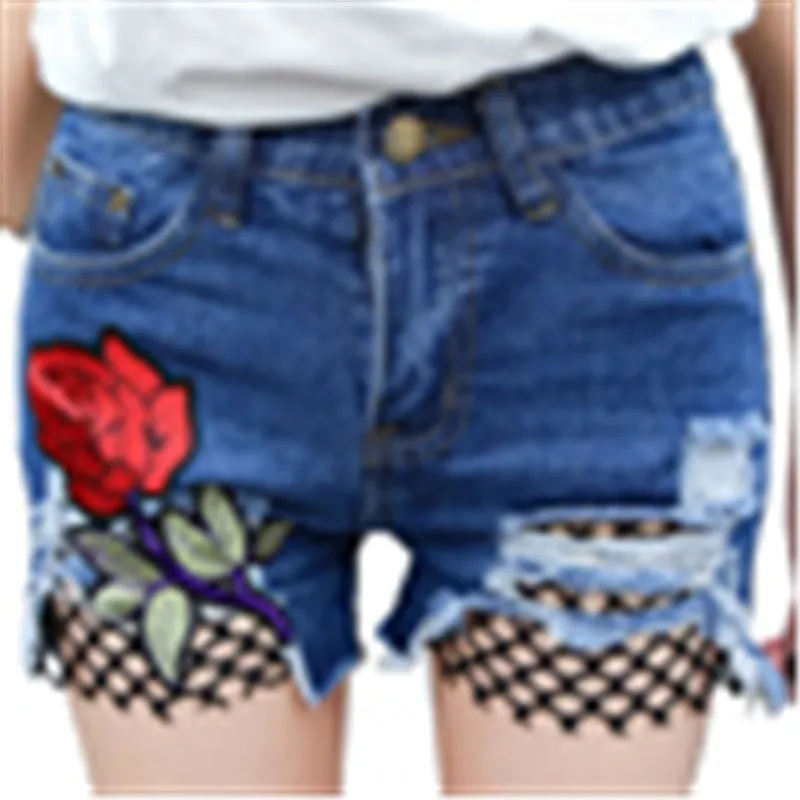 Summer Rose Flower Embroidery Women Denim Shorts Sexy Fish Net Hole Hot Pants