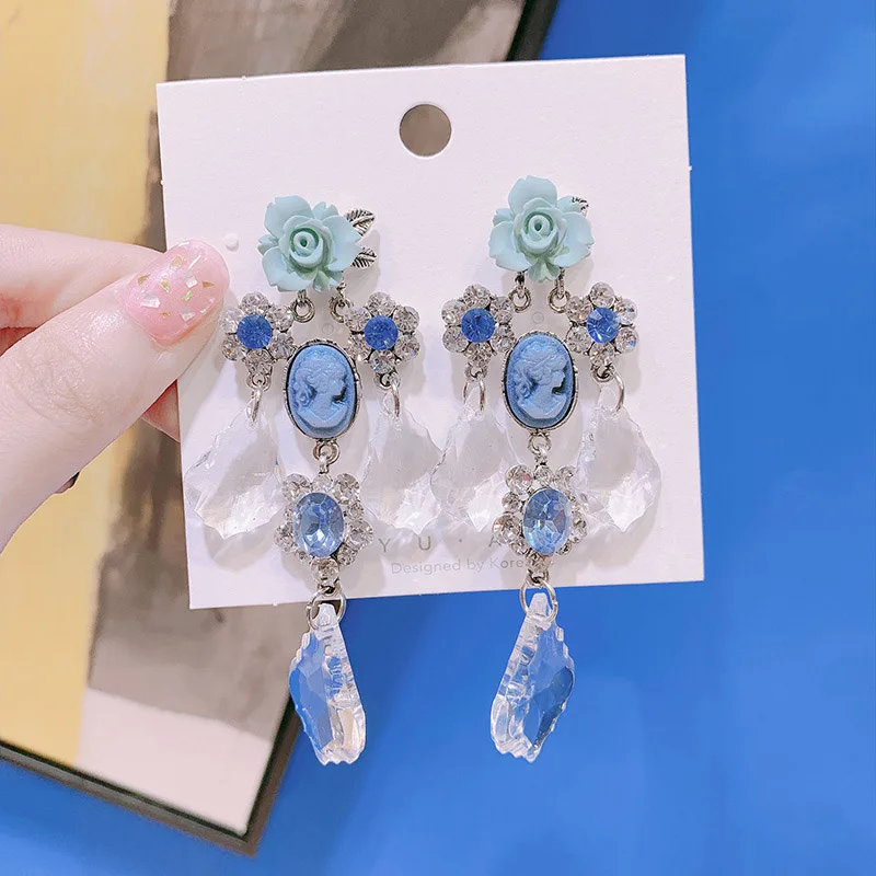 Корейский ретро барокко акриловый портрет цветок прозрачный лед кристалл кулон гипоаллергенныые серьги - Цвет: Синий