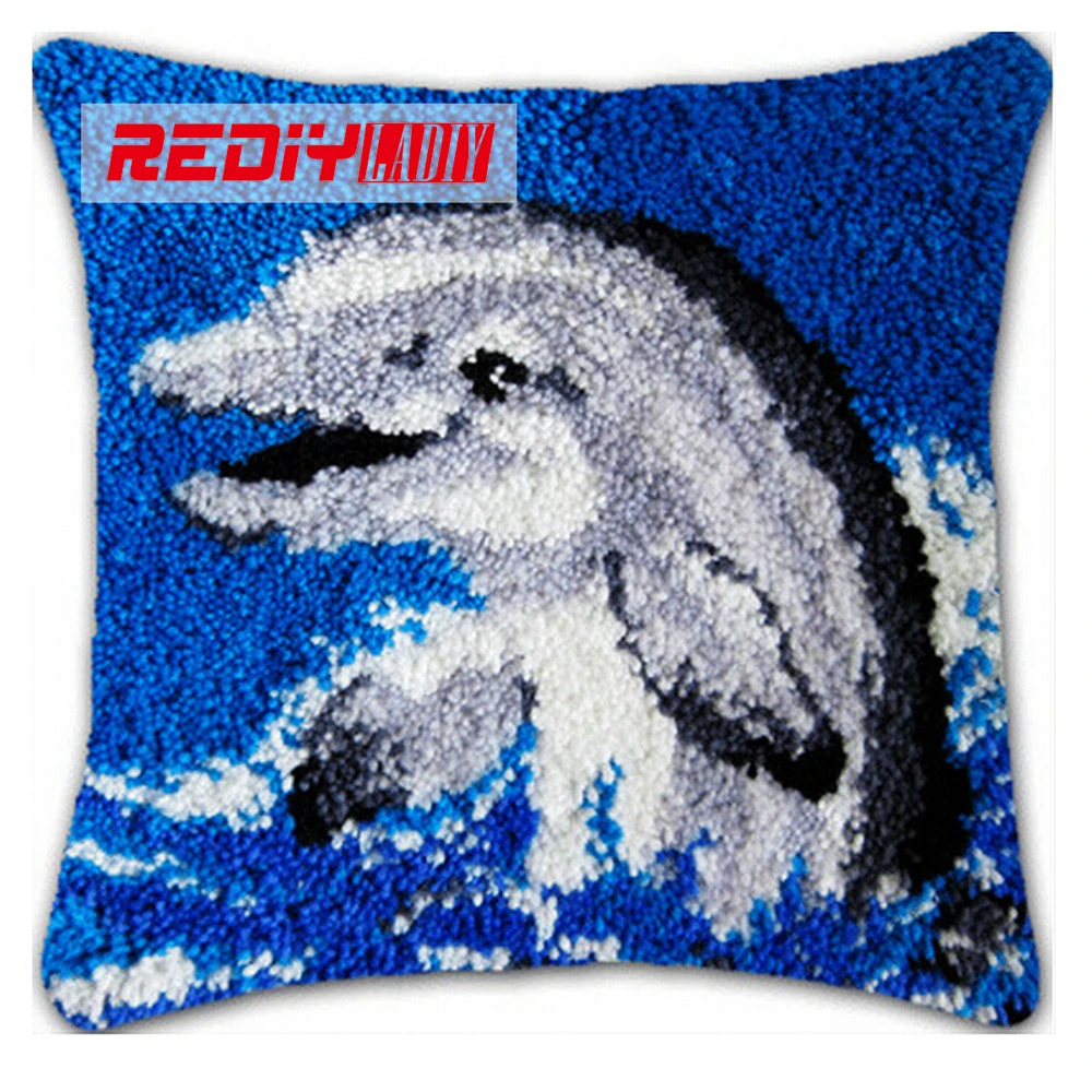 

Wholesales Latch Hook Pillow Kits Smile Dolphin 3D DIY Needlework Crocheting Rug Kits Handmade Embroidery Unfinished Pillowcase