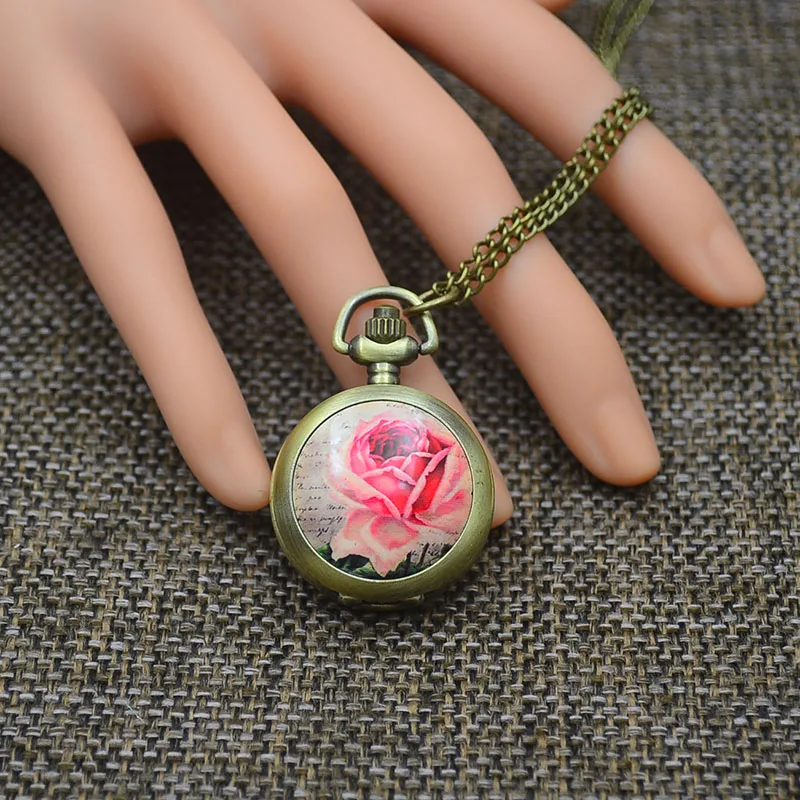 Модные кварцевые карманные часы Ожерелье Подвеска для женщин Роза брелок часы бронзовые красочные дерево цветок Картина Античная Длинная цепочка
