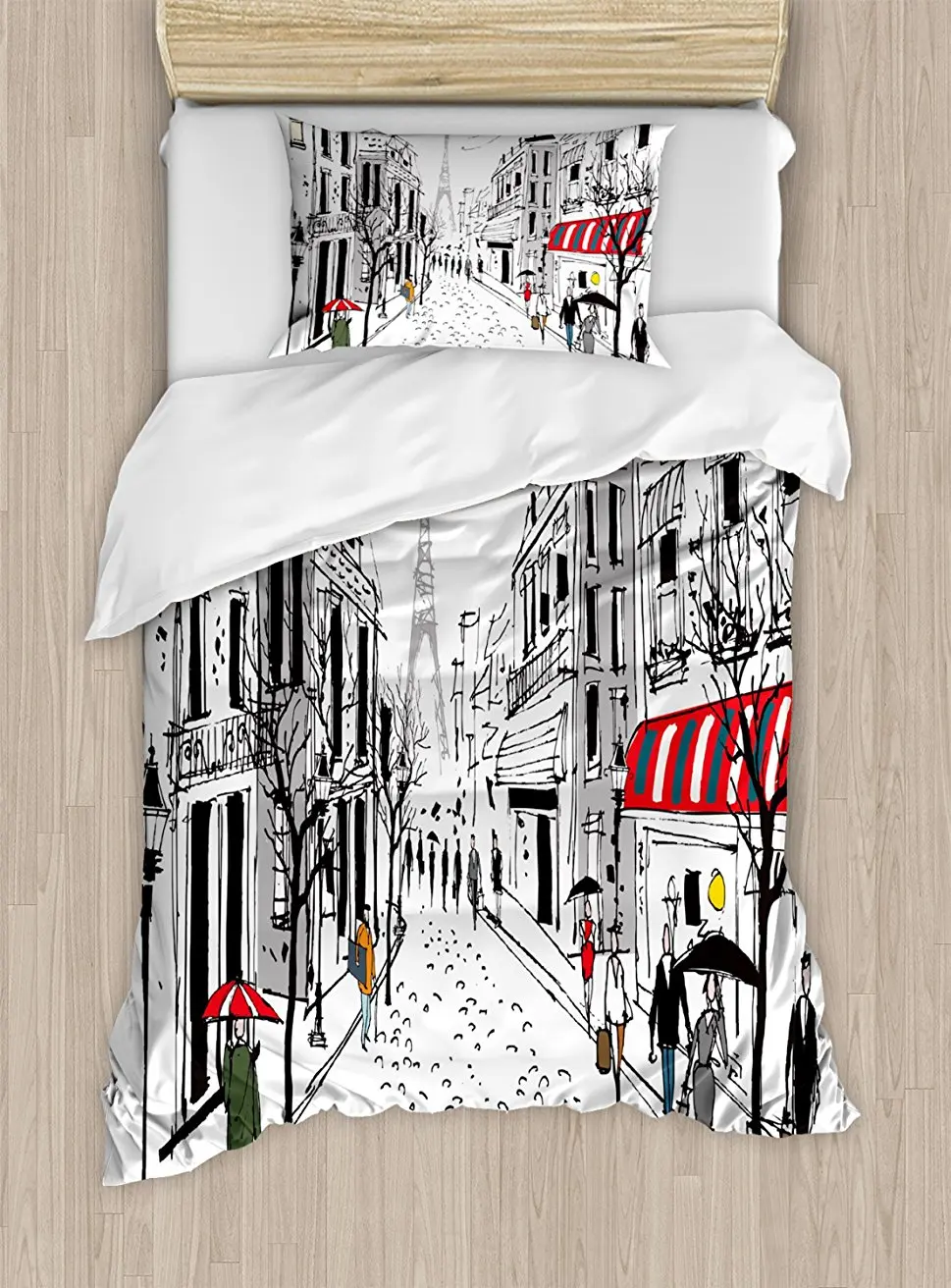 

Duvet Cover Set, Old French Pedestrians Stores Trees and the Silhouette of Eifffel Urban Illustration, 4 Piece Bedding Set