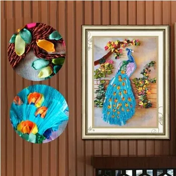 

peacock silk ribbon embroidery 3D canvas painting satin cross stitch kit needlework handcraft gift DIY home deco wall stickers