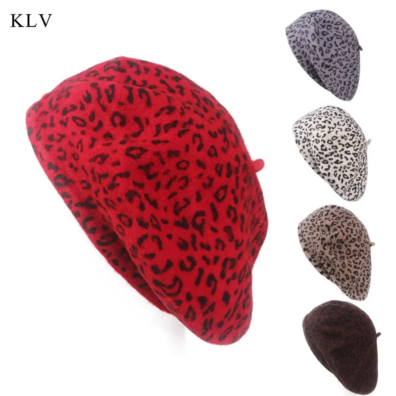 KLV/Модный женский берет на осень и зиму из шерсти с леопардовым принтом; 5 цветов; Шапка-бини; винтажная Повседневная шапка; теплая