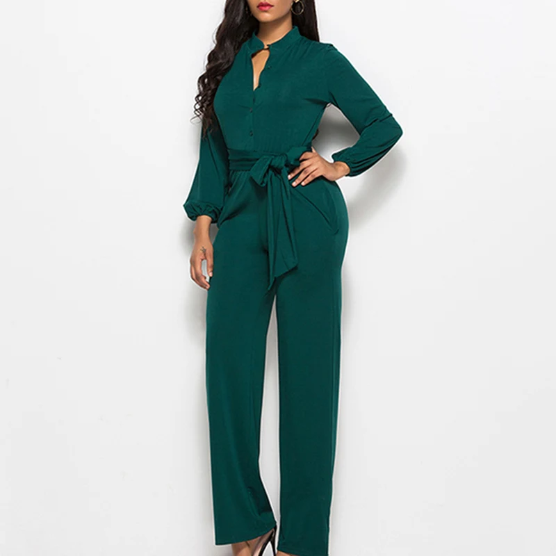 

Women Solid Sashes Straight Jumpsuits Long Sleeve Stand Collar Office Lady Elegant Rompers 2019 Spring Clothes Female
