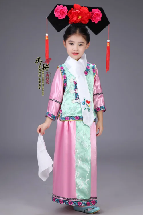 (0136) new Embroidery girl Qing Dynasty Princess Costume children Hanfu ancient court dress for cosplay stage performance