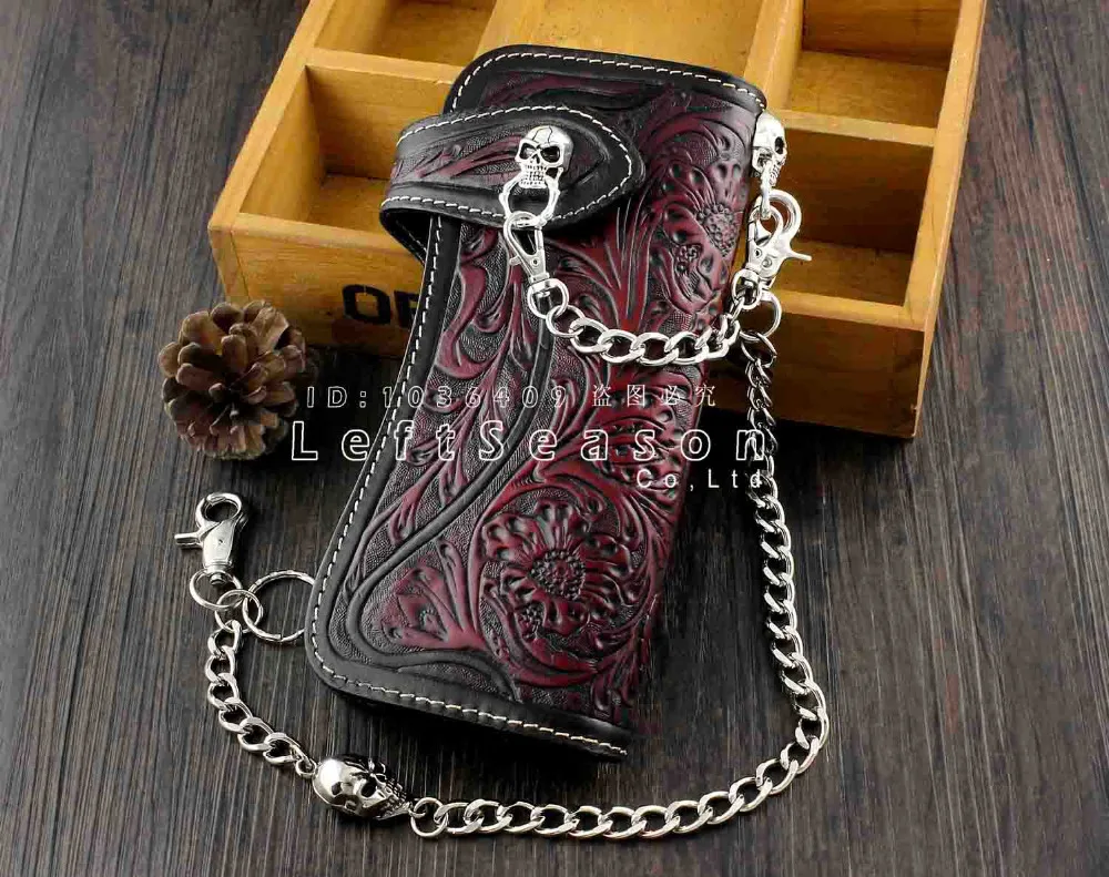 Skull Chain Wallet Long Leather Craft Bag With Metal Chain For Mensin