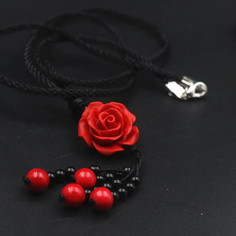 Yanting long maxi ethnic necklace for women red carved lacquerware flower pendant necklace rope chain handmade vintage jewelry (8)