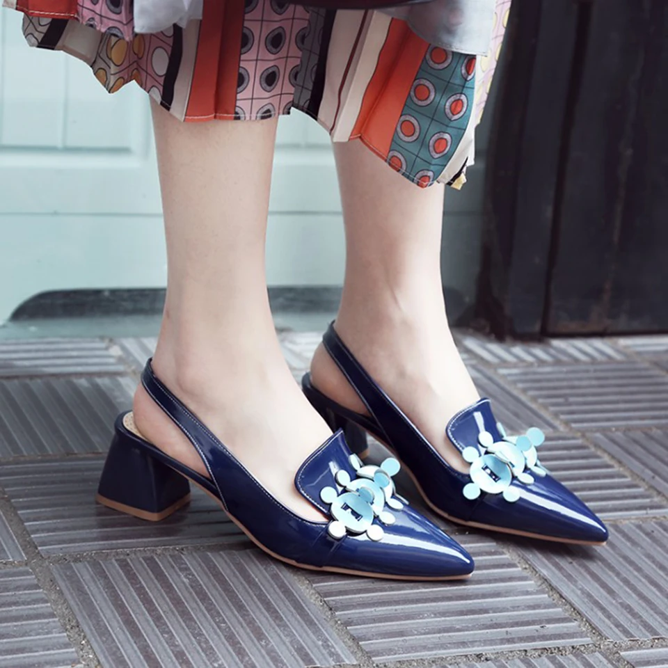 Толстый Slingback синий Размер 33 высокие каблуки дизайнер насосы 13 45 12 44 женская обувь размер Указательный палец лакированная кожа средний сандалии Плюс закрыто китайская новая Китай мода Лето