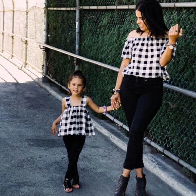 Summer-Family-Match-Off-Shoulder-Plaid-T-Shirt-Mother-Daughter-Kid-Girls-Casual-Top-T-Shirt