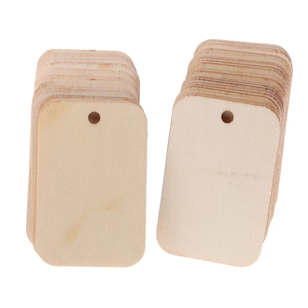 50 Pieces Wooden Rectangle Craft Shape Tag Embellishment for Craft with Rope Unfinished Wood Cutout Chips for Pieces Arts