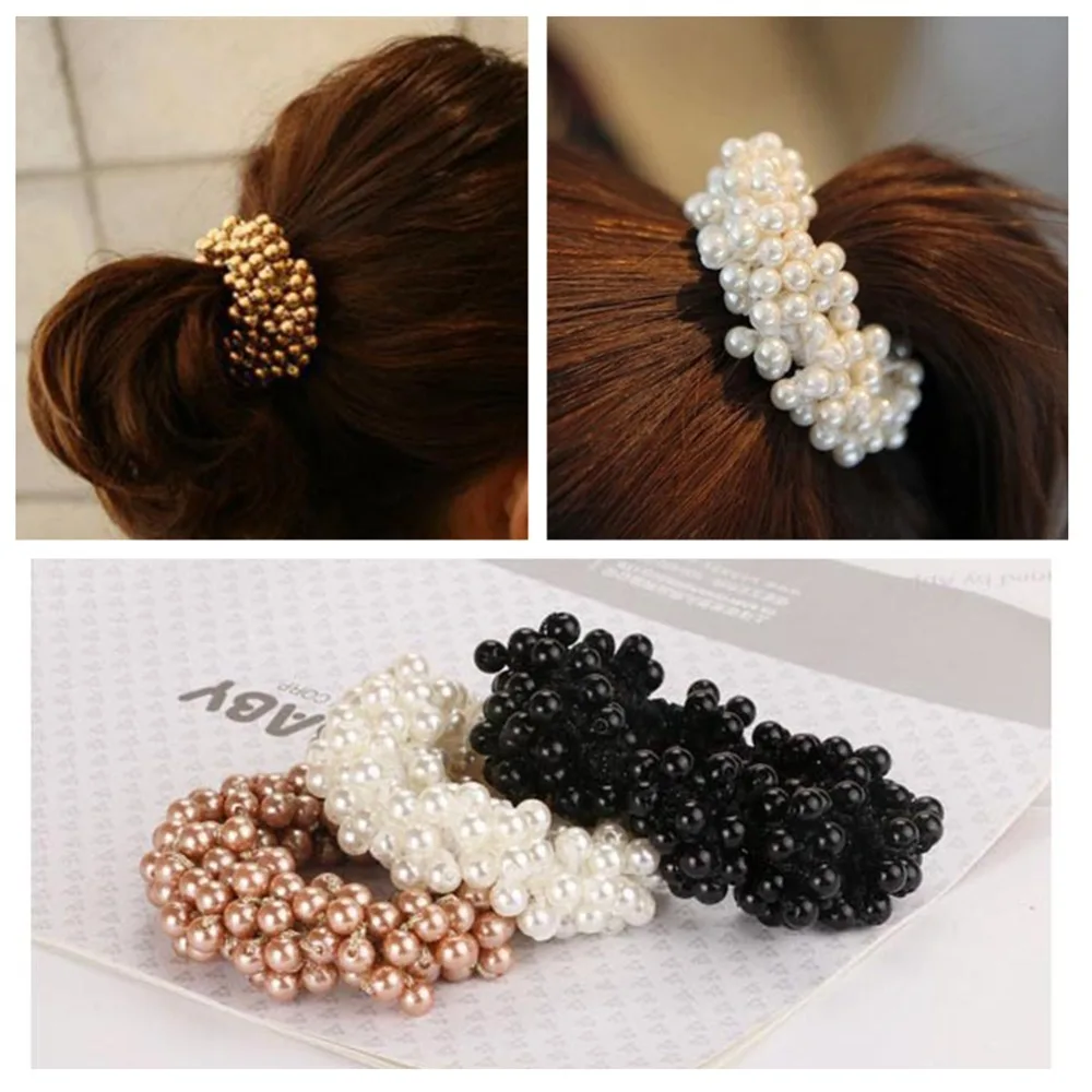 

Ruihfas Fashion Korean Hair Accessories Beaded Elastic Hair Ties Circles Scrunchies for Women Girls Pearls HairBands, 3pcs/pack