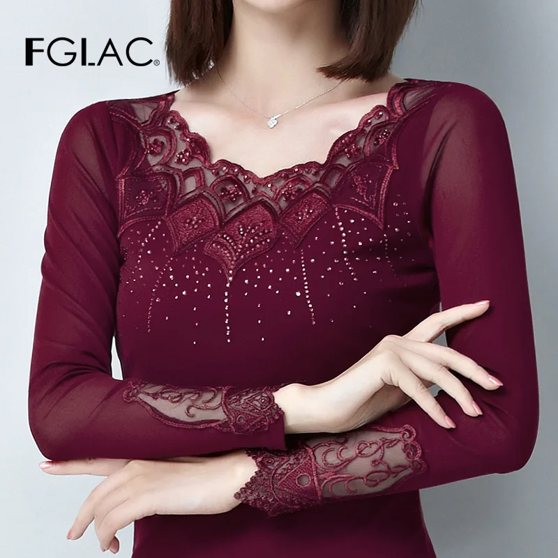 

FGLAC Spring Women tops Fashion Casual long sleeve Mesh t-shirt Elegant Slim Hollow out Diamonds shirt plus size women blusas