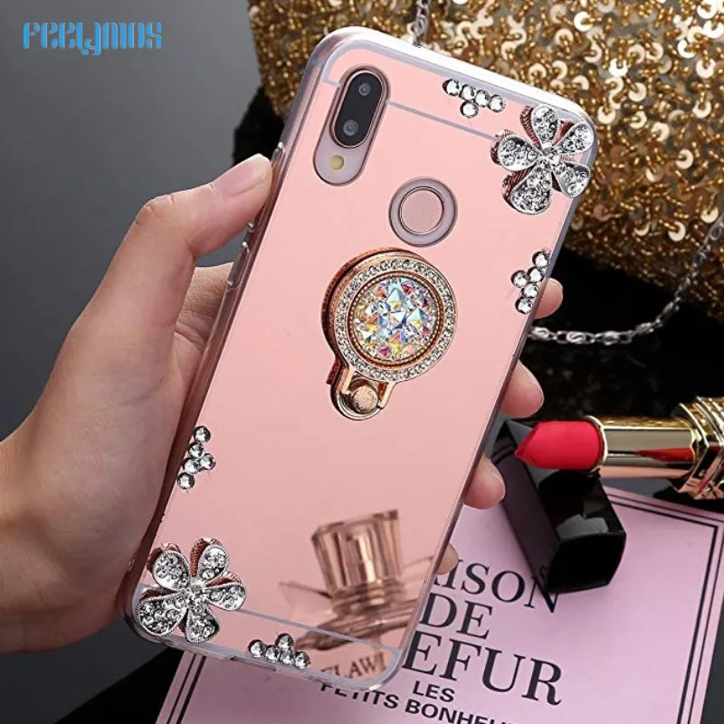 

For Huawei P Smart Plus 2019 Y5 Y6 Y7 Pro Prime 2018 2019 Case Crystal diamond Flowers Glitter Bling Mirror Ring Holder Cover
