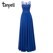 Tanpell largo scoop Vestidos de Noche Azul Real sin mangas con cuentas una línea vestido largo hasta el suelo barato para mujeres fiesta de graduación vestido de noche(China)