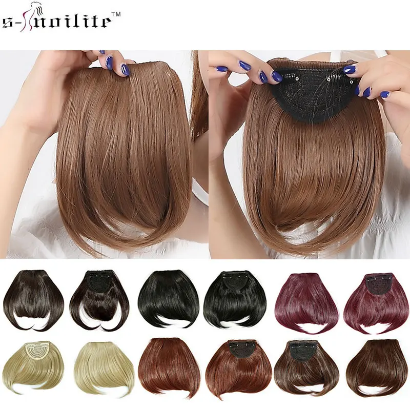 SNOILITE 1pcs Women Synthetic Clip In Bangs Fringe Hair Extensions Front on Brown Black blunt bangs fake bangs hair women