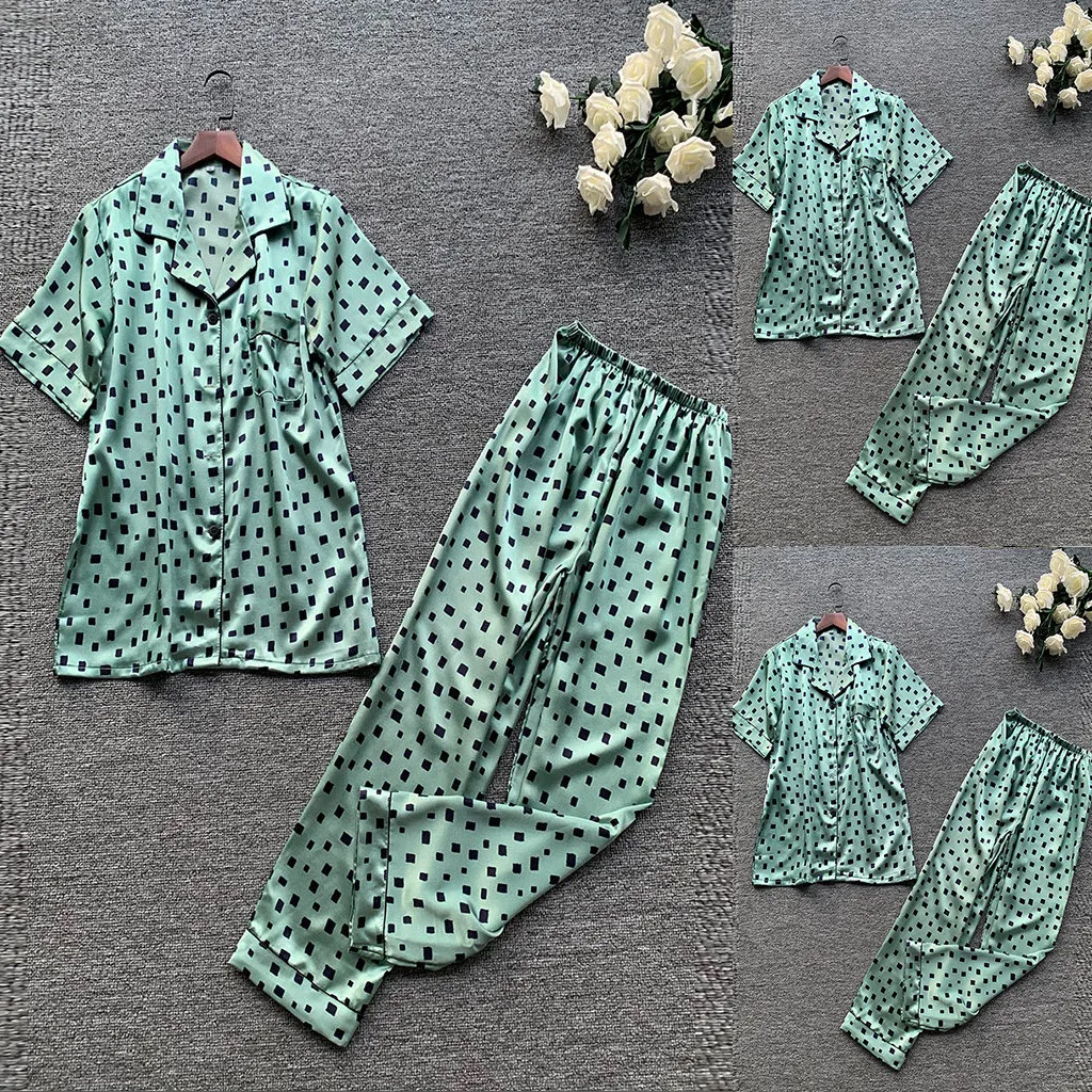 

2019 Women Pajamas Sleepwear Short Sleeve Pyjamas Sets Botton Summer Silk Long Trousers Nightwear Plus Size Casual Home Clothes