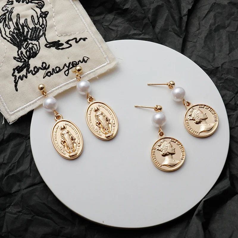 

AOMU Vintage Trendy Alloy Coin Portrait Pendant Drop Earrings Charms Metal Gold Color For Women Pearl Earring Jewelry Set