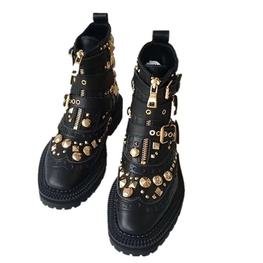 Черные ботинки в байкерском стиле с заклепками и металлическими заклепками; армейские ботинки; ботинки ручной работы в байкерском стиле; Женские ботинки в стиле панк-рок - Цвет: Черный
