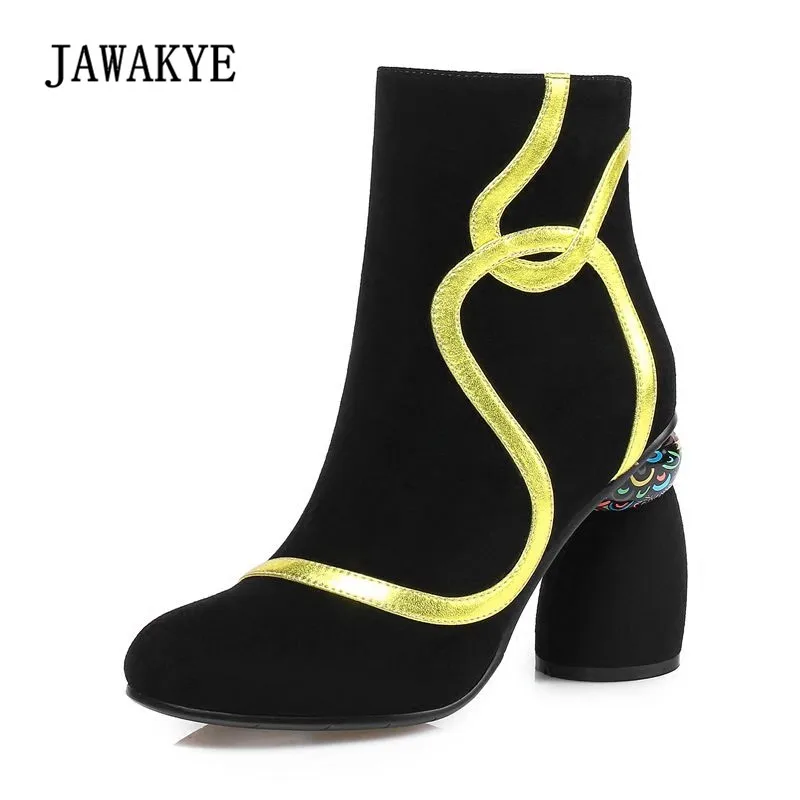 

2018 Black Suede Ankle Boots Woman Round Toe Mixed Color Strange High Heel Shoes Women Retro Short Boots