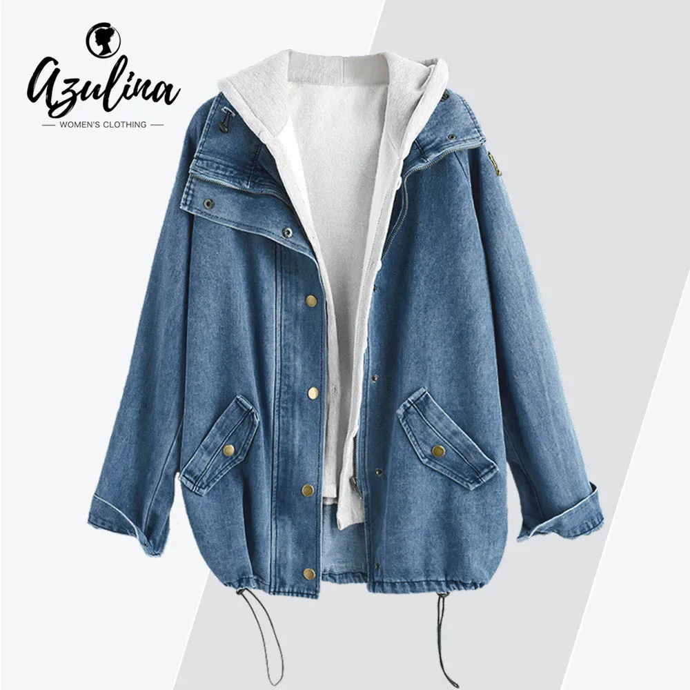 AZULINA Plus Size Buttons Hooded Denim Jacket Jeans Jackets Women Coat Spring Outwear Pockets Wide-Waisted Ladies Tops Overcoat AZULINA Plus Size Buttons Hooded Denim Jacket Jeans Jackets Women Coat Spring Outwear Pockets Wide-Waisted Ladies Tops Overcoat