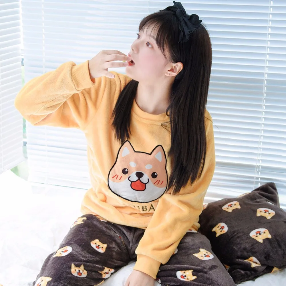 

Fleece Thick Pajamas 2018 Plus Size M-5XL Cute Shiba Inu Appliques Print Dog 3 Pieces Pajama Set Elastic Waist pyjamas S81905