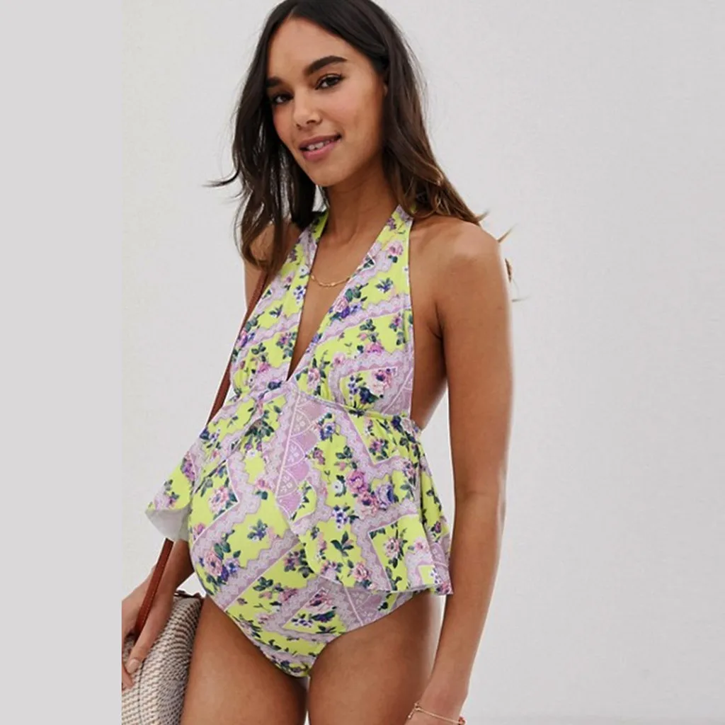 One Piece Summer 2019 Women Floral Printed Halter Bikini High Waisted Padded Ruffled Pregnant Swimwear Triangle Bather Suit
