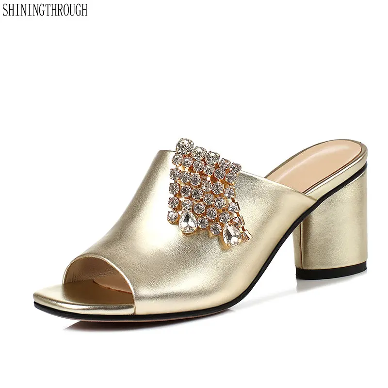 

black gold Genuine leather high heels women slippers crystal summer shoes woman sexy ladies party shoes