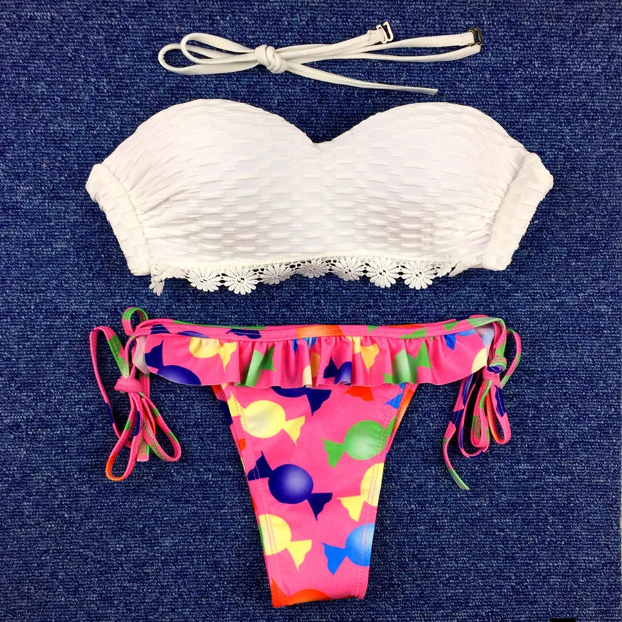 Newest Bandeau Bikini Women Push Up Bikini Female Cutest Candy Printing
