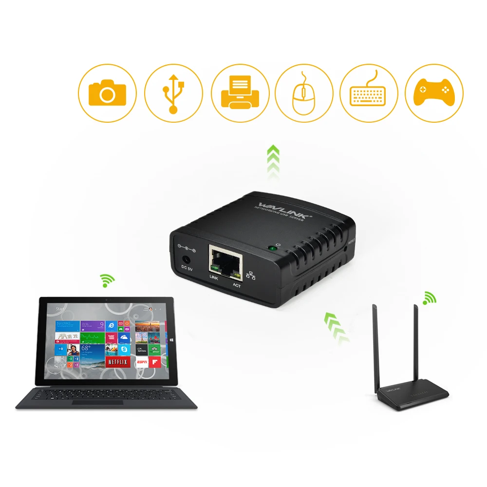 Wavlink USB 2.0 LRP Сервер печати Дайте LAN Ethernet Сетевое оборудование Принтеры Адаптеры питания USB HUB 100 Мбит сетевой сервер печати нам