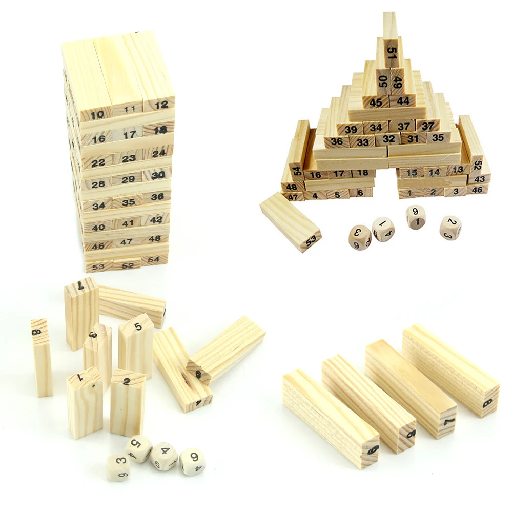 

54 Blocks+4 Dices Children Wooden Tumbling Stacking Jenga Tower Block Board Game