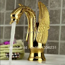 Золотой Лебедь дизайн горячей и холодной латуни ванная раковина смеситель. Один Лебедь ручка умывальник кран. Полированный ЛЕБЕДЬ кран