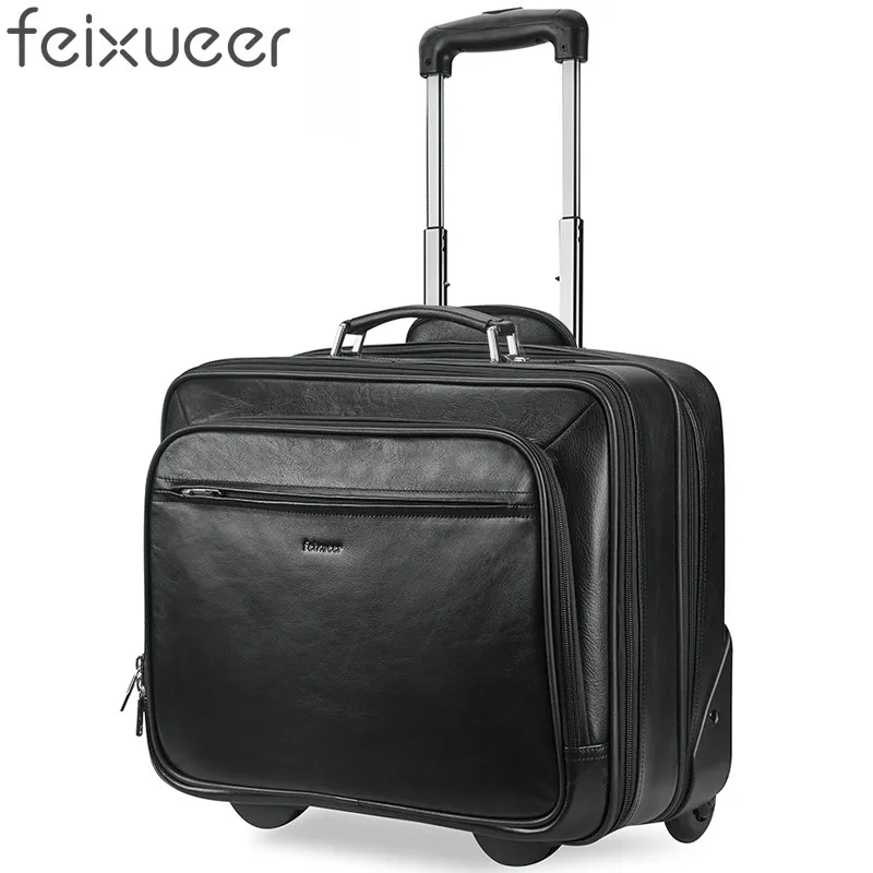 feixueer Designer Genuine Cow Leather Trolley Luggage Retro Suitcase