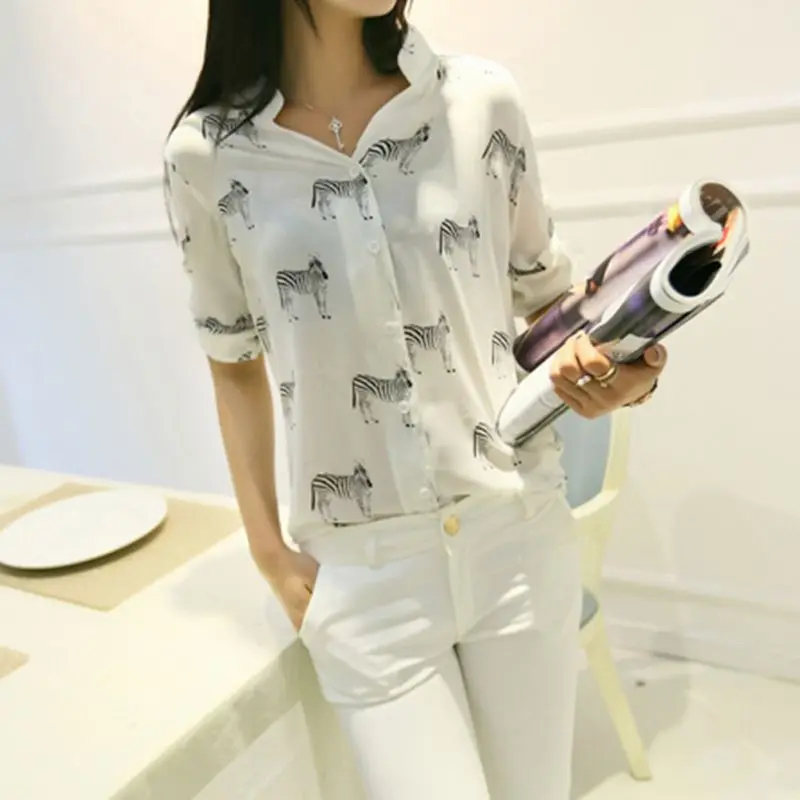 Lades Sprng/Summer Fashon Prnted Chffon V-Neck Shrt - Black / S