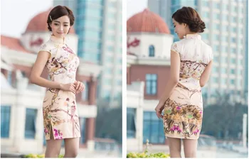 

Shanghai Story Top Quality Elastic Satin Vintage cheongsam Dress Floral Cheongsam short sleeve China qipao
