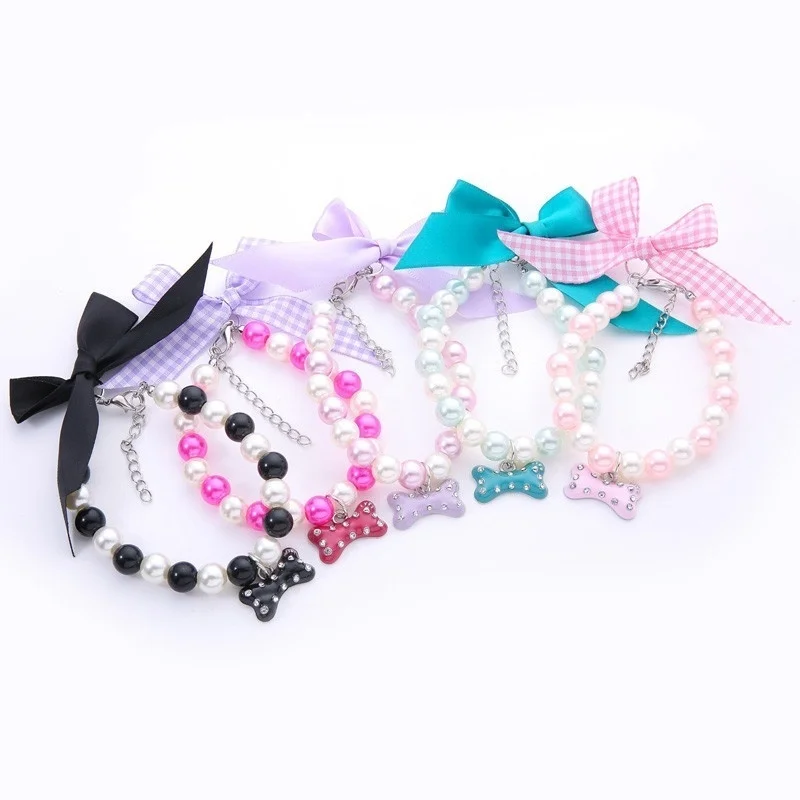 

Fashion Pearl Puppy Dog Cat Collar Novelty Chain Ribbon Bow Tie Splice Pet Dog Cat Necklace