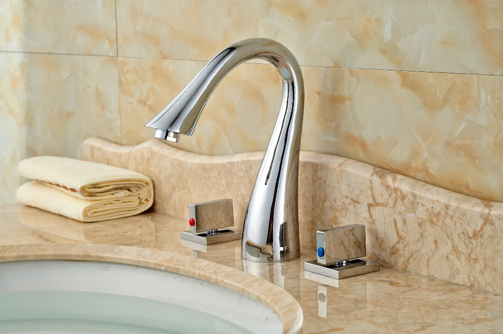Luxury Chrome Brass Swan Faucet Widespread Vanity Sink Mixer Tap Deck Mounted