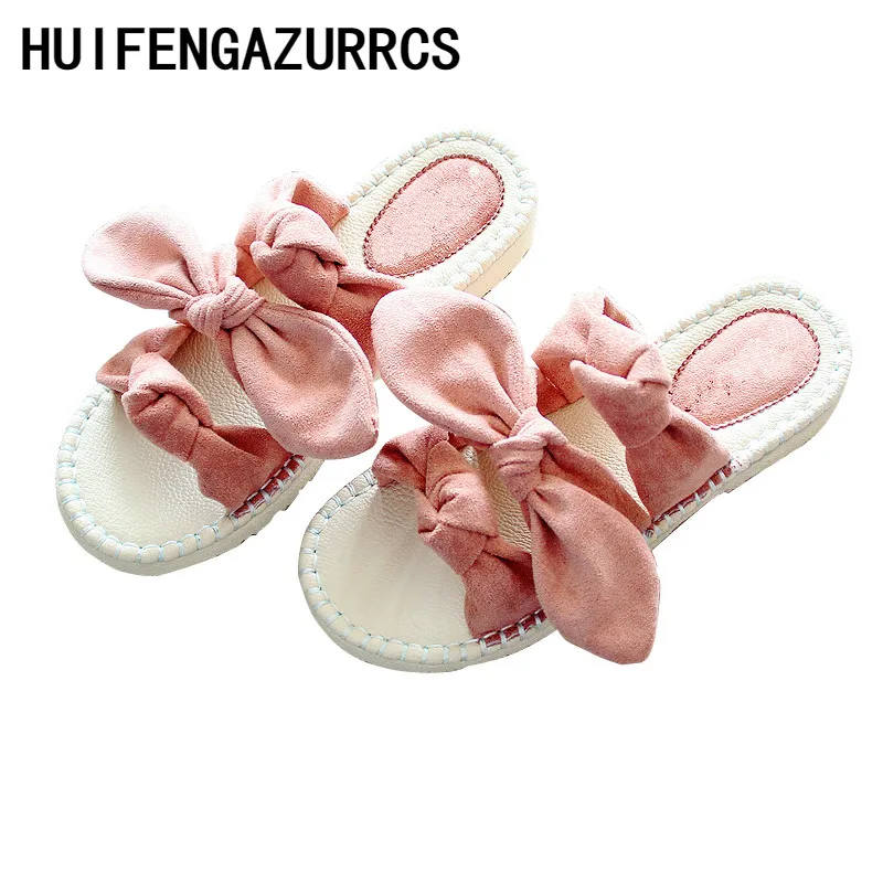 

HUIFENGAZURRCS-Summer New Korean Edition Butterfly Knot Sweet Comfortable Slippers,College style flat soft sole shoes,5 colors