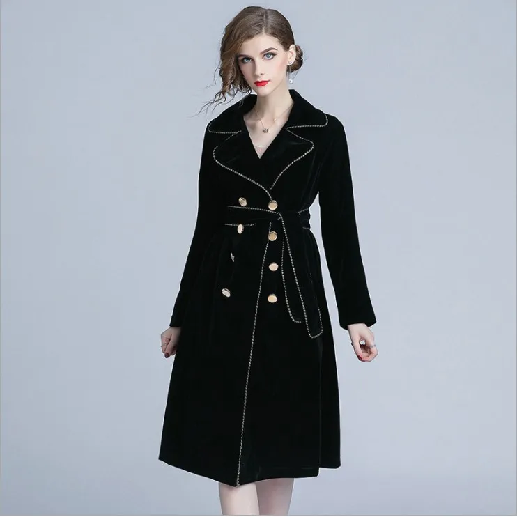 New Women Turn Down Collar Double Breasted Black Long Trench Coat ...