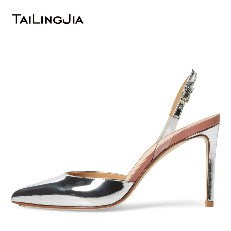 

Womens Pointed Toe High Heels Sliver Slingback Pumps Nude Patent Leather Closed Toe Heeled Slingbacks Ladies Bridal Shoes 2019