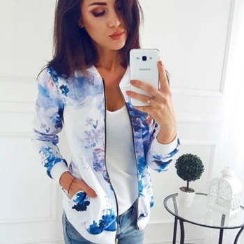 

Plus Size Printed Bomber Jacket Women Pockets Zipper Long Sleeve Coat Female Flower Chiffon White Jacket Woman Spring 2019
