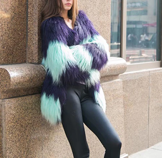 2017 winter women clothing long sleeve patchwork contrast color imitation fur jacket Female fashion warm long faux fur coat (5)