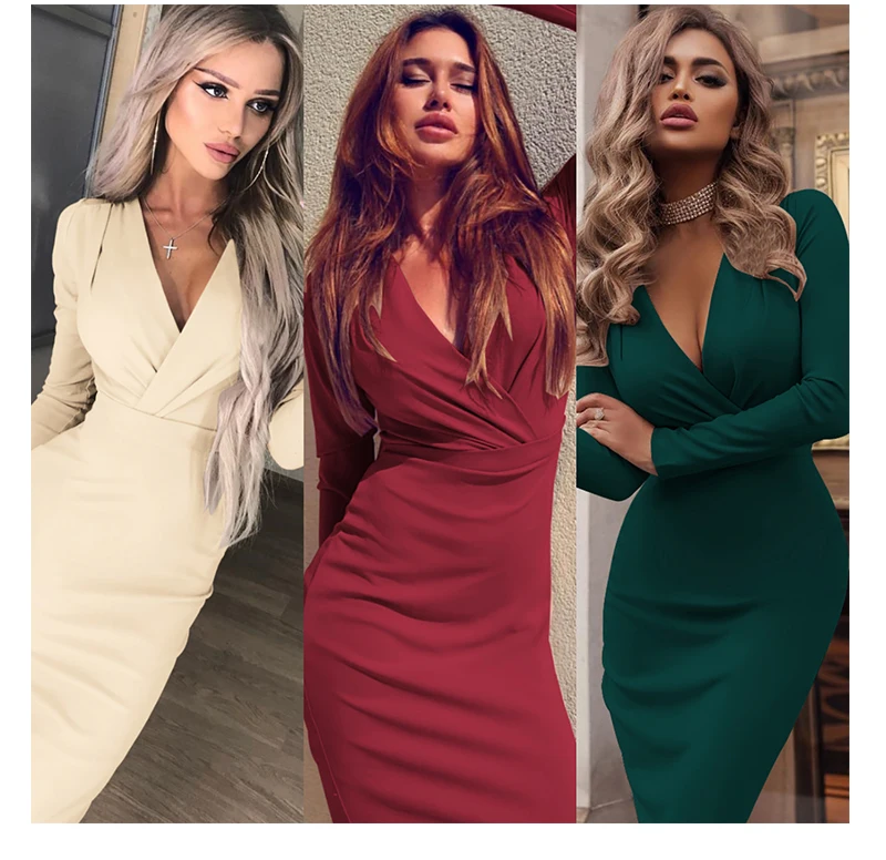 Autumn Sexy Dress Women Empire V Neck Sheath Long Sleeve Knee Length Bodycon Dresses Plus Size Woman Party Vestidos Mujer 2018 (11)