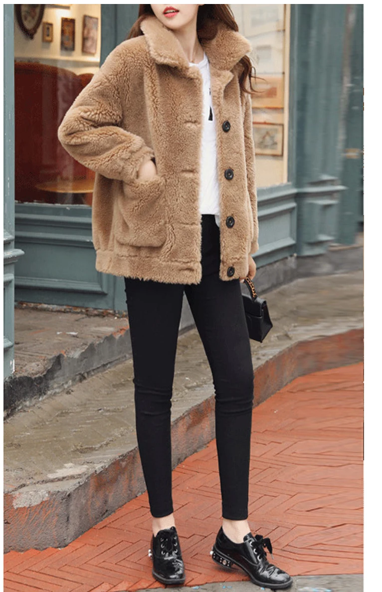 Женское пальто из искусственного меха на осень и зиму, пушистая плюшевая куртка, пальто размера плюс, верхняя одежда, короткое пальто с отложным воротником, Женское пальто с рукавом