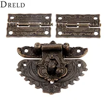 DRELD, pestillo para caja de ferretería, mueble de bronce antiguo, hebilla de palanca + 2 uds, bisagras de armario decorativas para joyero, caja de madera