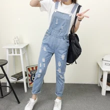 Джинсы с высокой талией и лямками на плечах, Модные Синие рваные джинсовые штаны с потертостями, женские отбеленные штаны на пуговицах, комбинезон, Femmek119